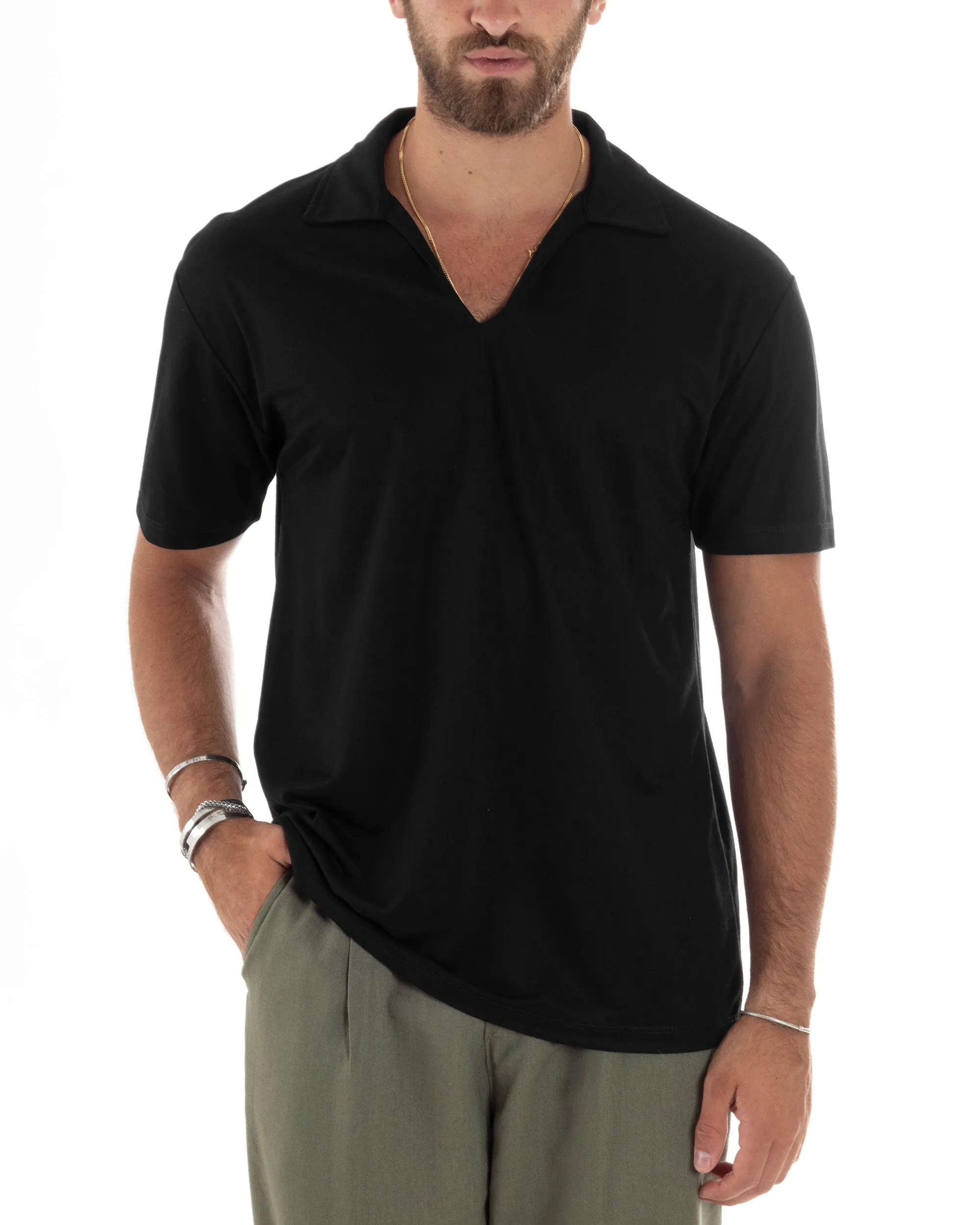 Polo Mezze Maniche Uomo Basic Scollo A V T-Shirt Con Colletto Tinta Unita Nero GIOSAL-TS3068A