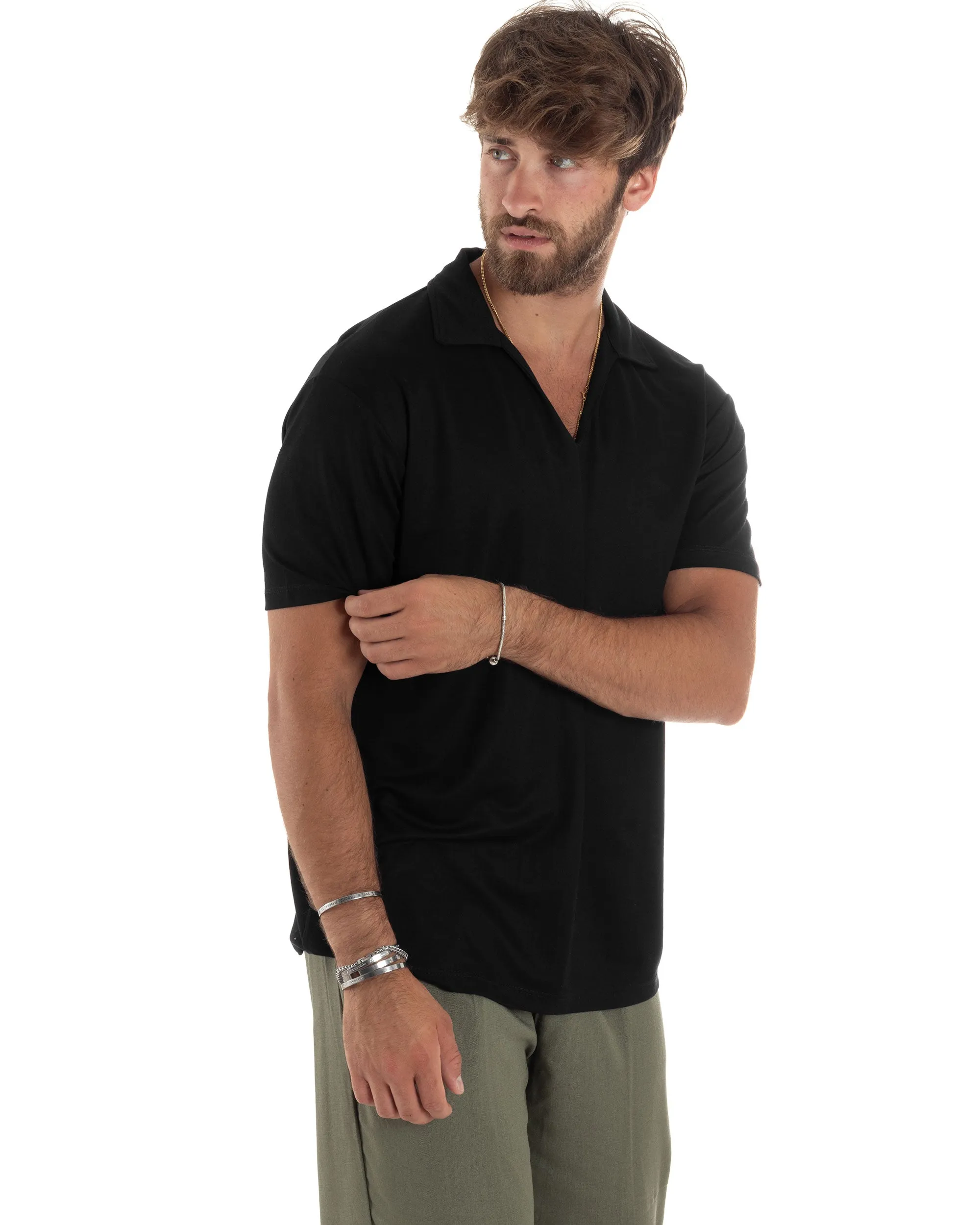 Polo Mezze Maniche Uomo Basic Scollo A V T-Shirt Con Colletto Tinta Unita Nero GIOSAL-TS3068A