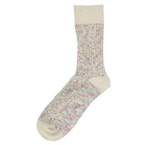 RoToTo - Kasuri Ribbed Crew Socks - Coral / Blue