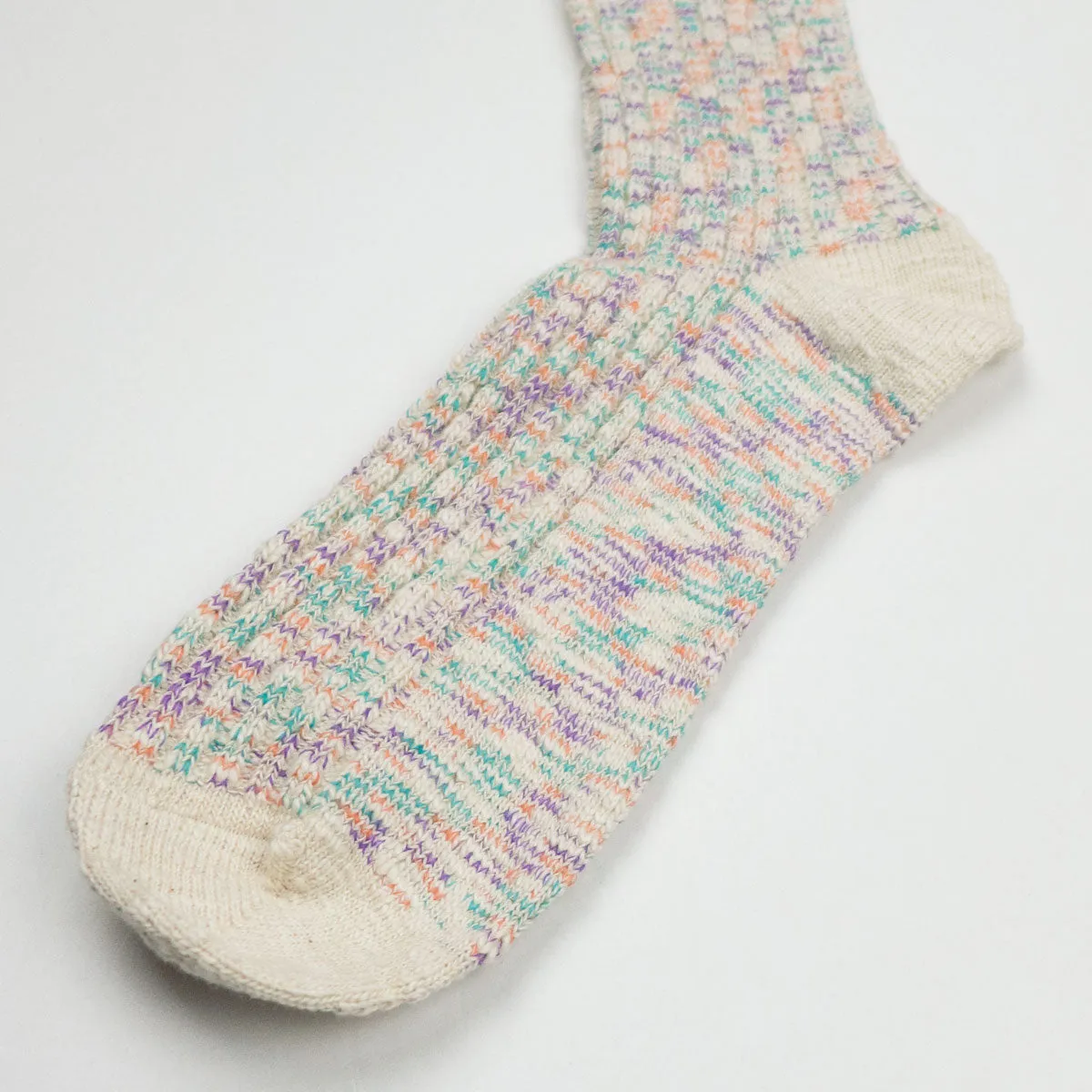 RoToTo - Kasuri Ribbed Crew Socks - Coral / Blue