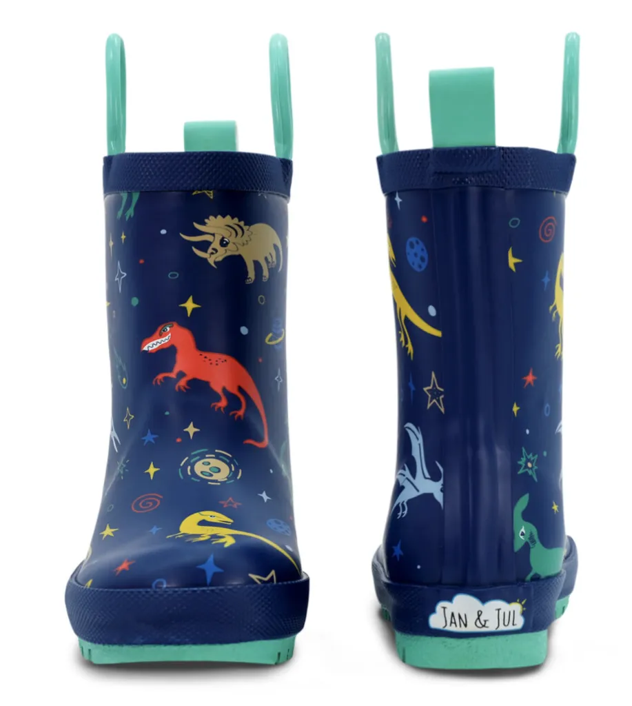 Size 5.5: Jan & Jul SPACE DINOS Puddle Dry Loop Handle Rain Boots NEW