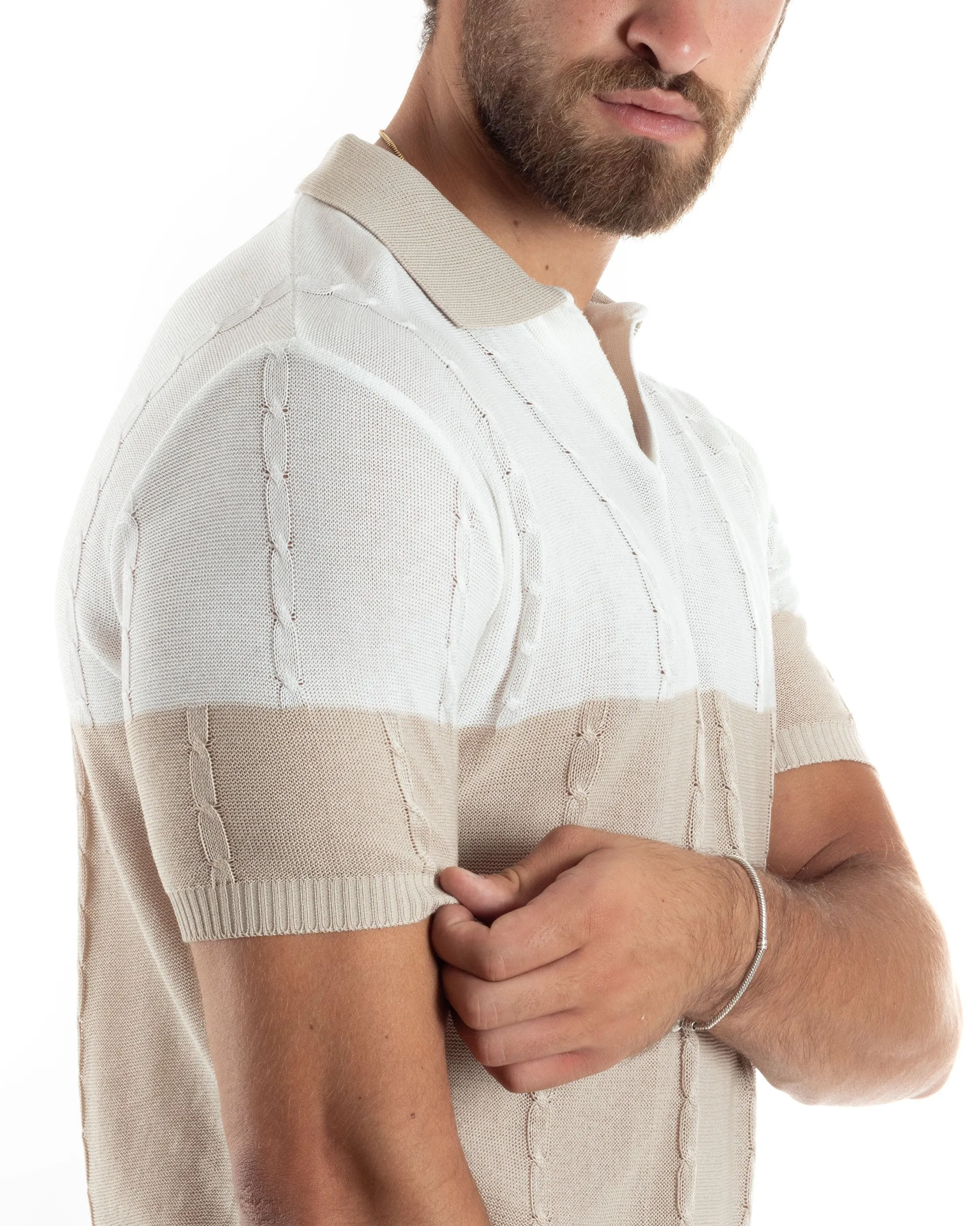 T-Shirt Uomo Maglia In Filo Rigata Maglia Con Colletto Polo Scollo V Treccia Riga Striped Casual Beige Bianco GIOSAL-TS3072A