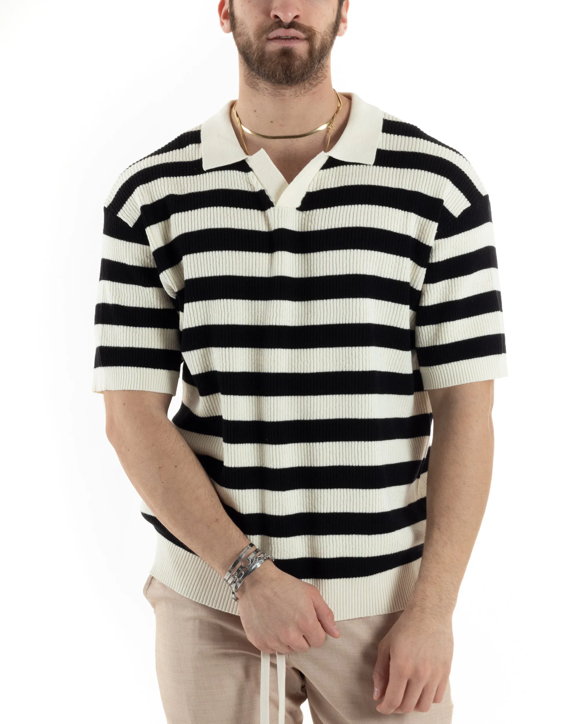 T-Shirt Uomo Maglia In Filo Rigata Nero Maglia Con Colletto Polo Scollo V Casual GIOSAL-TS2994A