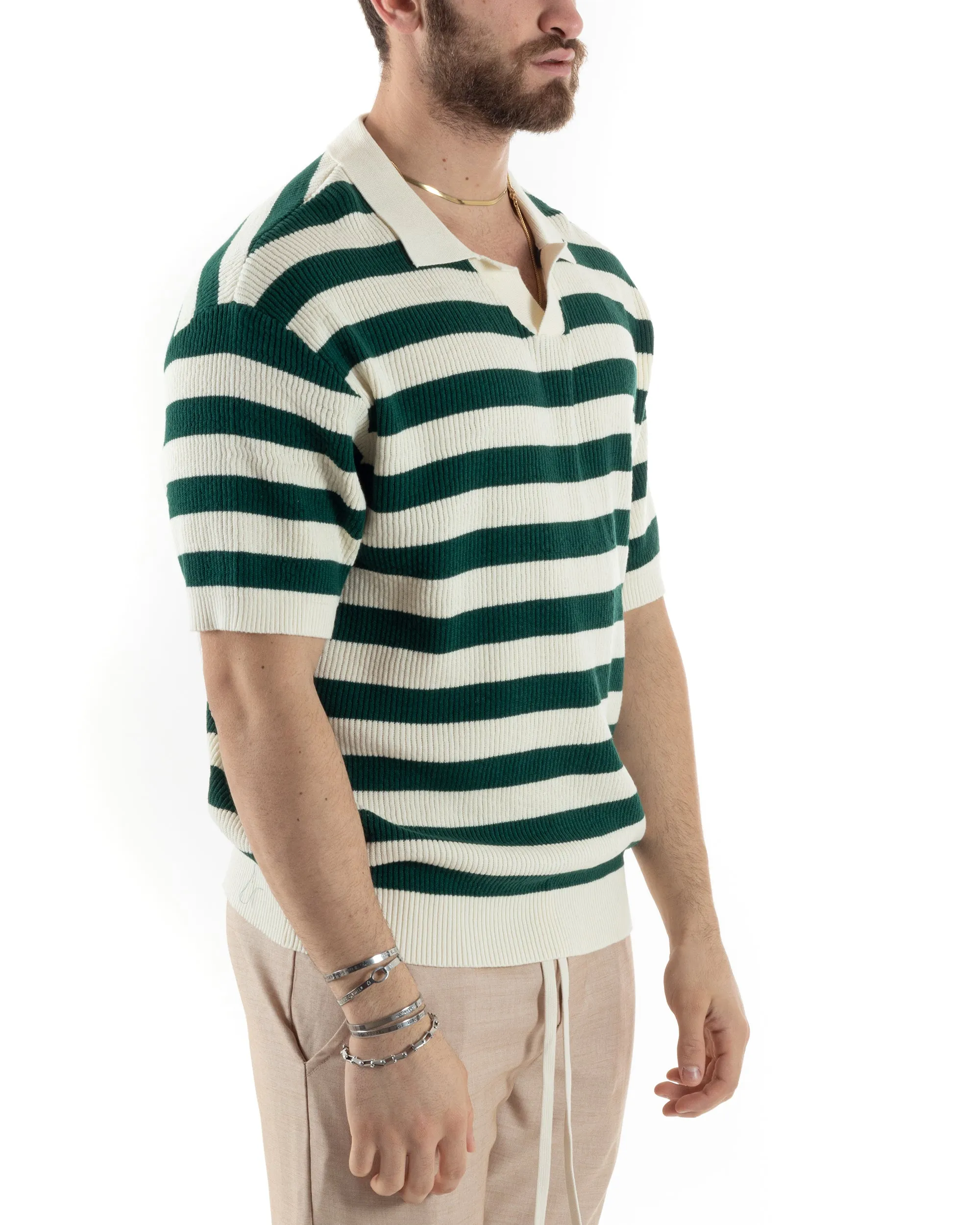 T-Shirt Uomo Maglia In Filo Rigata Verde Maglia Con Colletto Polo Scollo V Casual GIOSAL-TS2993A