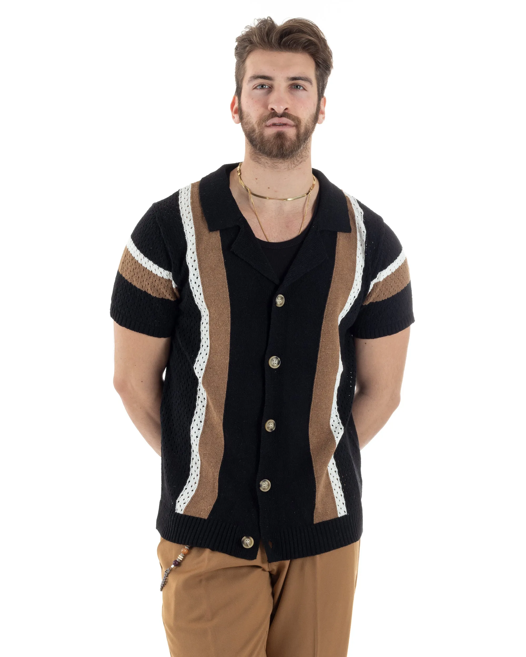 T-shirt Uomo Maglia Polo Traforata Ricamata Cardigan Manica Corta Con Bottoni Nero Casual GIOSAL-TS2987A