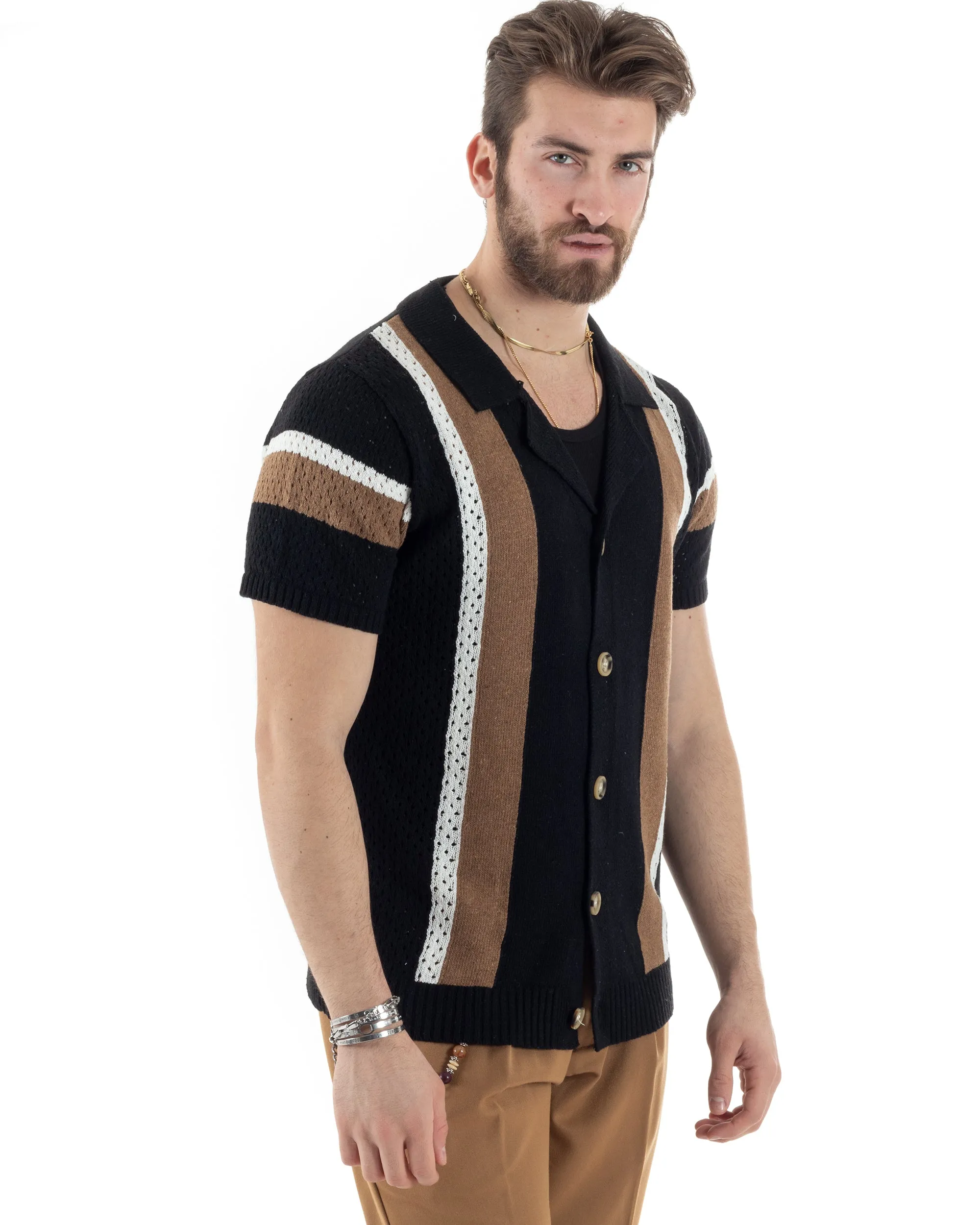 T-shirt Uomo Maglia Polo Traforata Ricamata Cardigan Manica Corta Con Bottoni Nero Casual GIOSAL-TS2987A