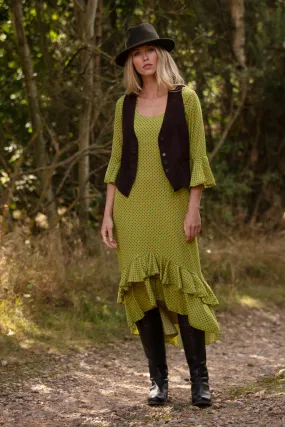 Victoria Midi Dress in Green with Hot Pink Spot